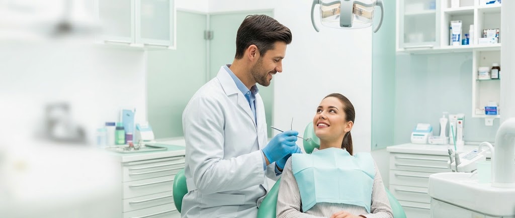 Zahnarzt im Gespr&auml;ch mit einer l&auml;chelnden Patientin im Behandlungsstuhl